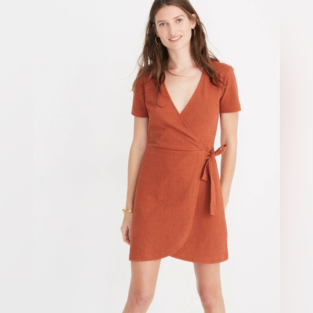 MADEWELL Texture & Thread Faux Wrap Short-Sleeve Side-Tie Dress XS Burnt Clay